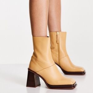 Tan leather square toed boots w wood heel